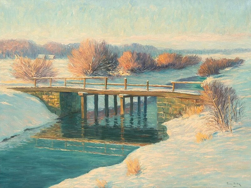 1870-Franz Hecker - Paesaggio innevato con ponte